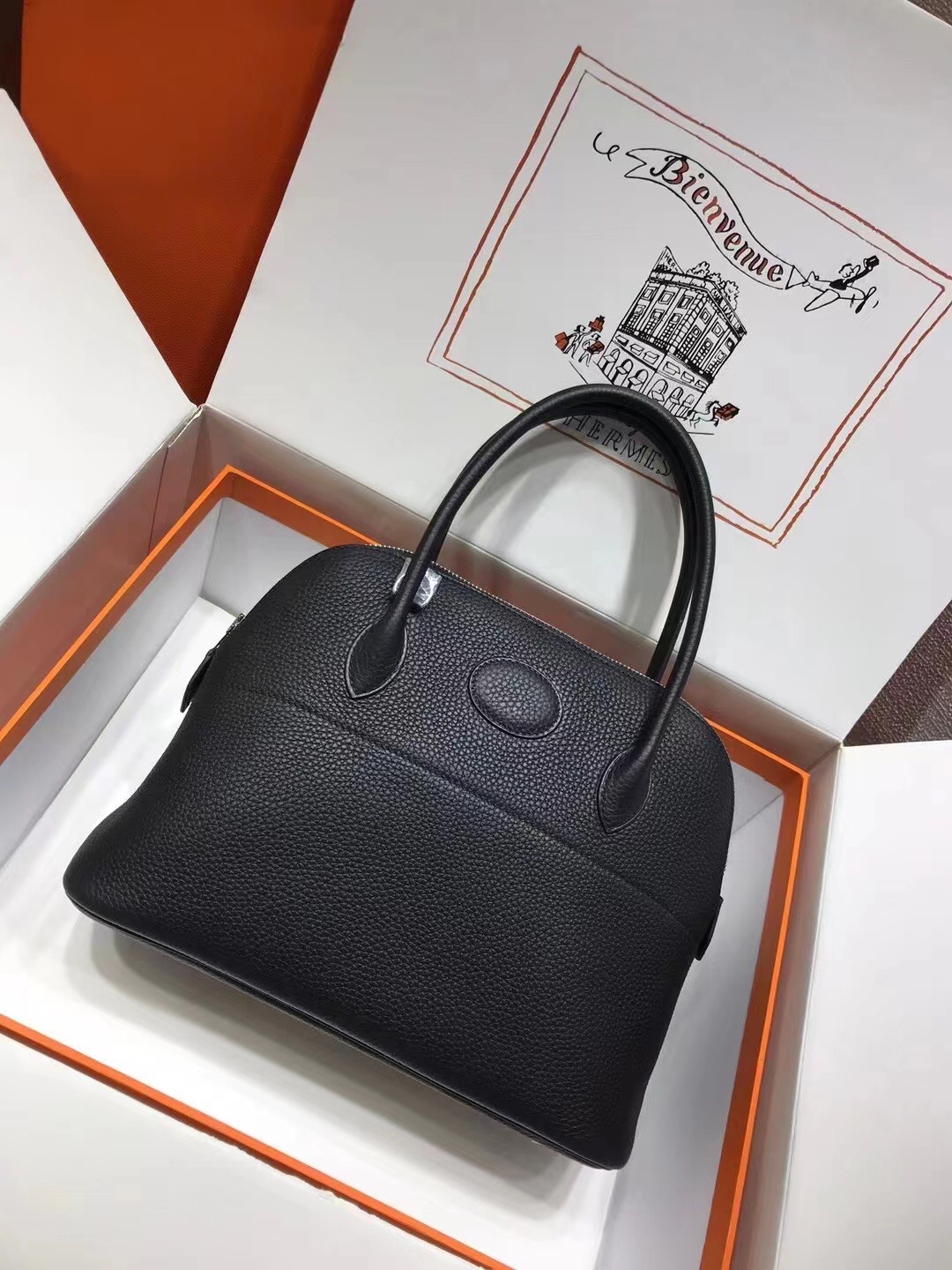 Hermes Bolide 27cm Handbag In Black Clemence Leather